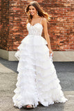 White Princess Lace Beaded Ruffle Tiered Long Prom Dress with Slit