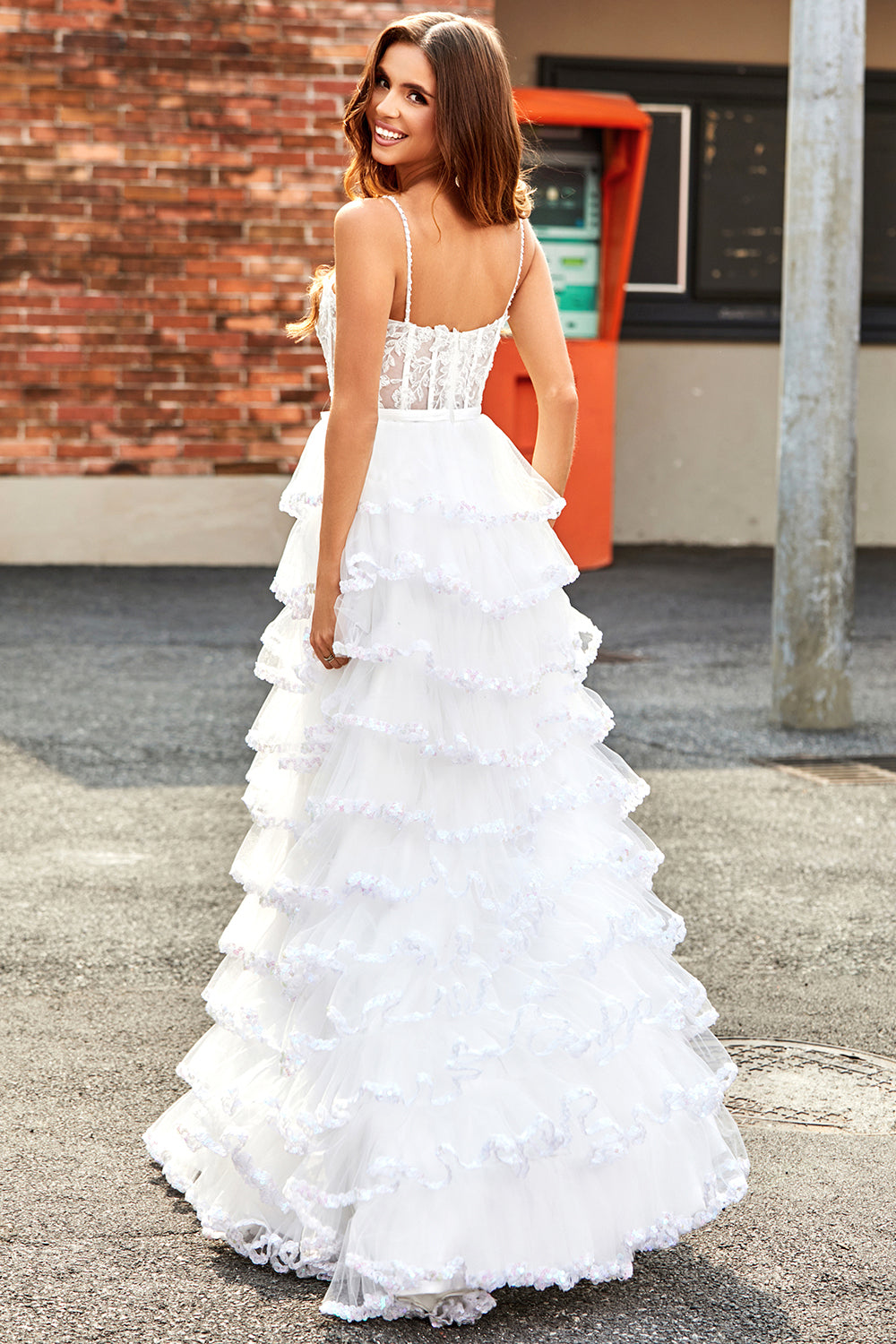 White Princess Lace Beaded Ruffle Tiered Long Prom Dress with Slit