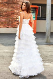 White Princess Lace Beaded Ruffle Tiered Long Prom Dress with Slit