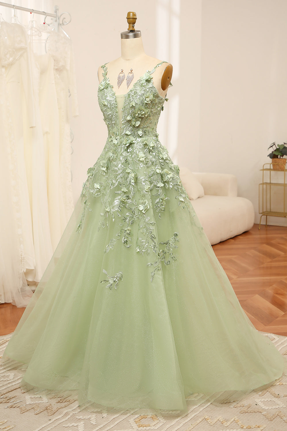 Wedtrend Women Green Prom Dress A Line Spaghetti Straps Tulle Long Party Dress With Appliques WEDTREND Wedtrend Women Green Prom Dress A Line Spaghetti Straps Tulle Long Party Dress With Appliques WEDTREND