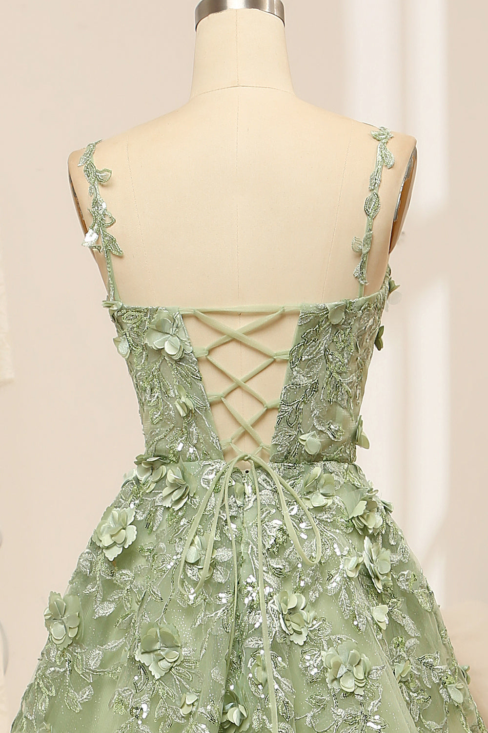 Green A Line Spaghetti Straps Tulle Long Prom Dress With Appliques