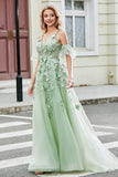 A-Line Spaghetti Straps Corset Appliqued Sage Prom Dress with Detachable Sleeves