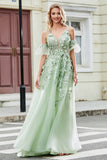 A-Line Spaghetti Straps Corset Appliqued Sage Prom Dress with Detachable Sleeves