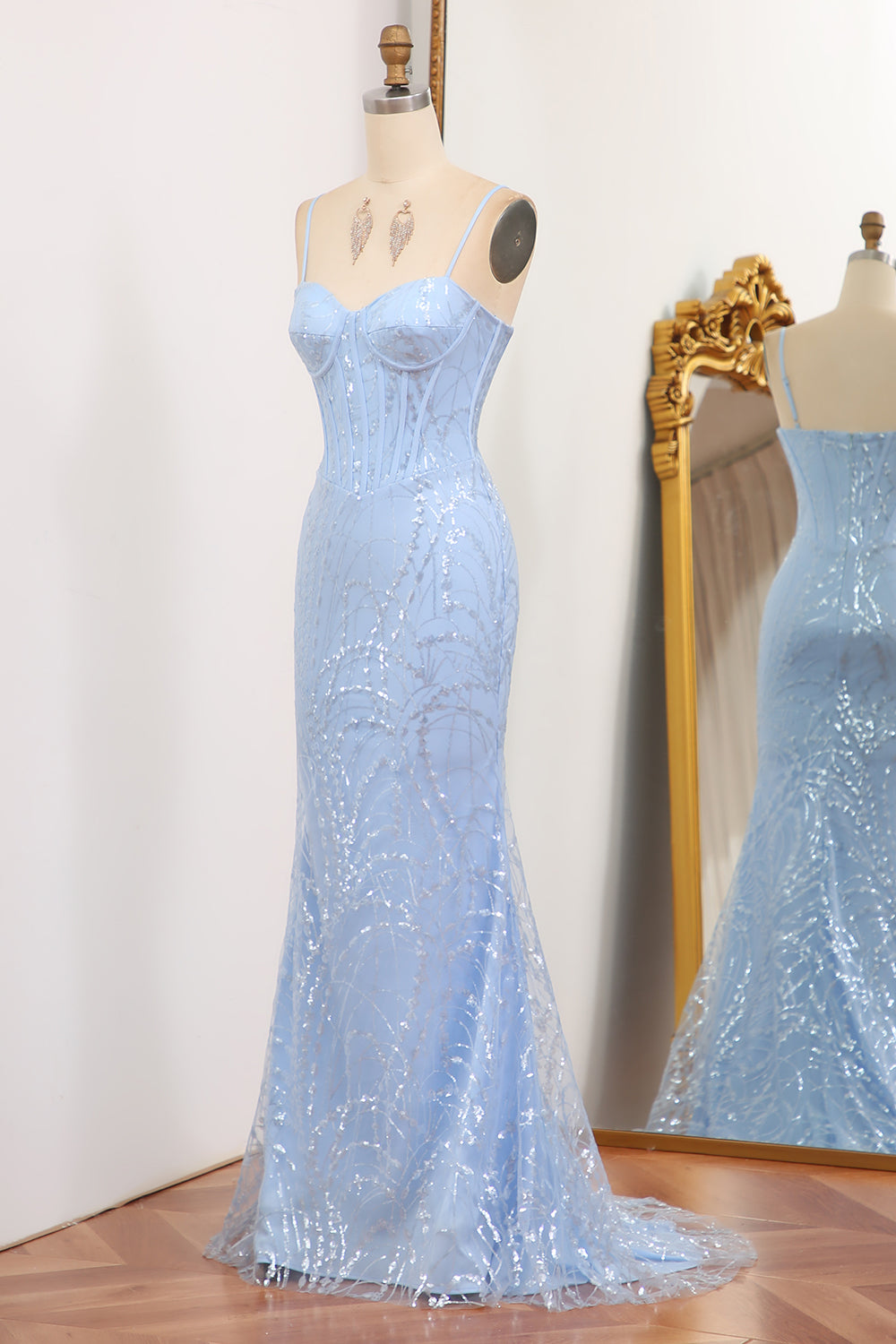 Glitter Light Blue Mermaid Long Prom Dress With Sequined Appliques