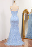 Glitter Light Blue Mermaid Long Prom Dress With Sequined Appliques