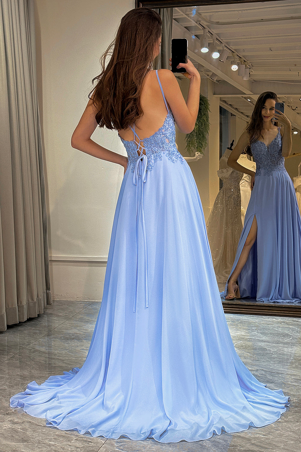 Sparkly Light Blue Long Beaded Prom Dress With Appliques