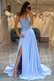 Lavender A-Line Spaghetti Straps Long Appliques Prom Dress with Slit