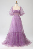 Purple A-Line Square Neck Corset Prom Dress with Half Sleeves