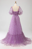 Purple A-Line Square Neck Corset Prom Dress with Half Sleeves