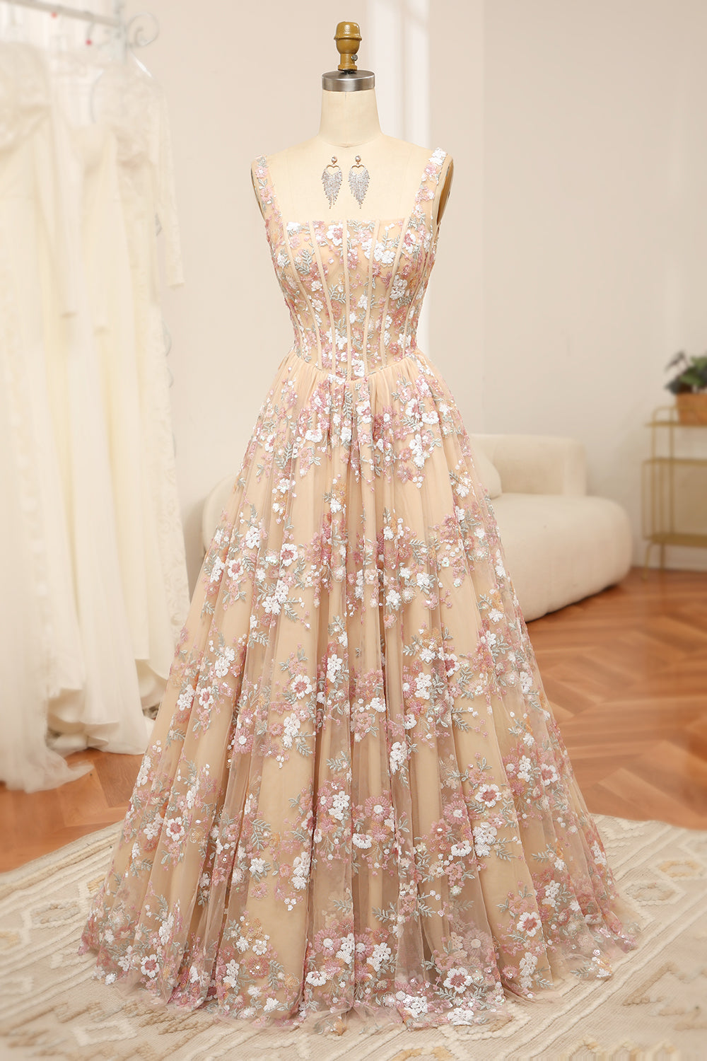 champagne dresses multi layer princess embroidered Champagne Beige Embellished Princess Gown with Crystal and Lace Details -