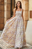 Champagne A-Line Princess Square Neck Corset Long Prom Dress with Embroidery