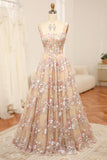 Champagne A Line Princess Square Neck Corset Prom Dress with Embroidered