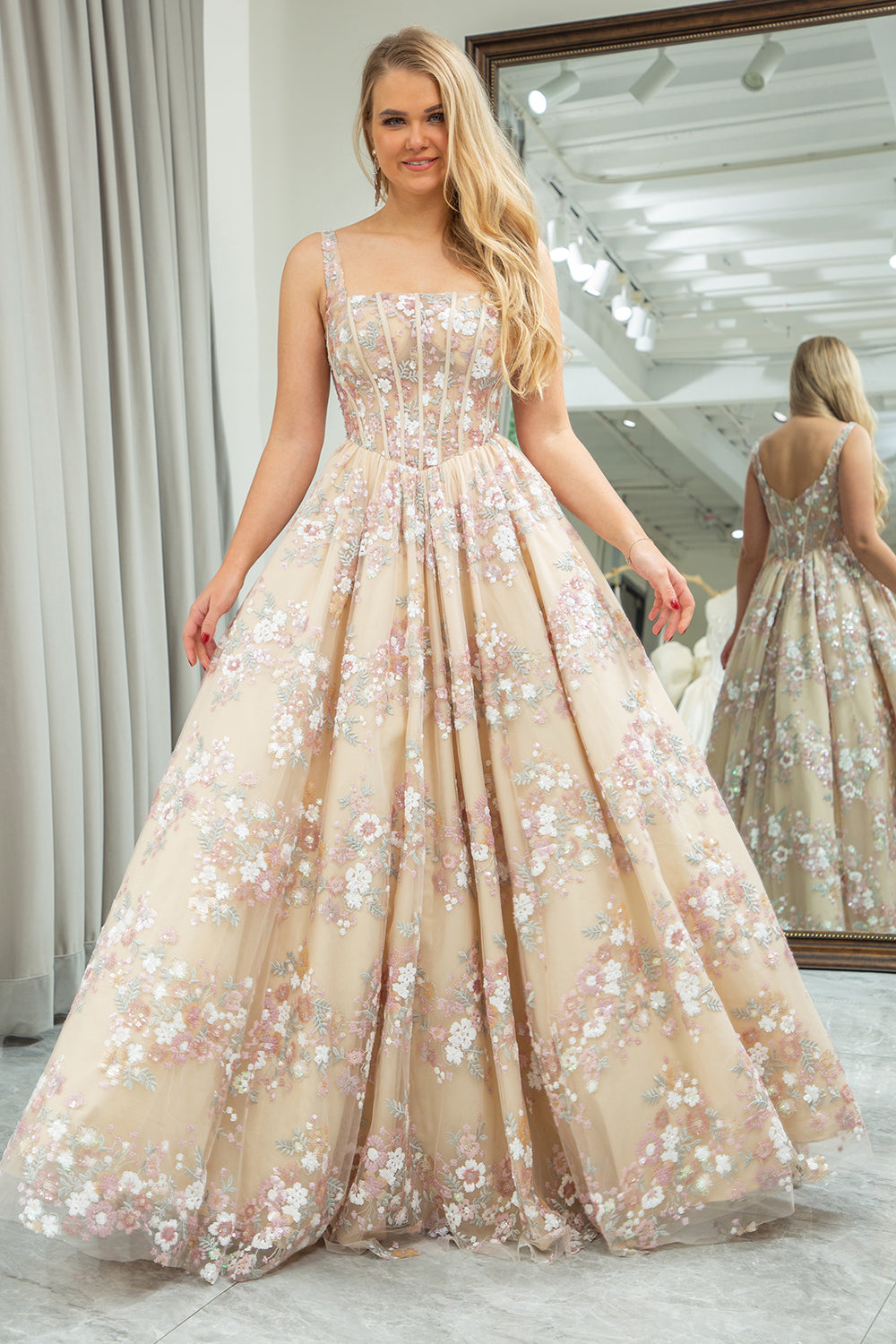 Wedtrend Women Champagne Prom Dress A Line Princess Square Neck Corset Party Dress with Embroidered WEDTREND Wedtrend Women Champagne Prom Dress A Line Princess Square Neck Corset Party Dress with Embroidered WEDTREND