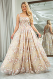 Champagne A Line Princess Square Neck Corset Prom Dress with Embroidered