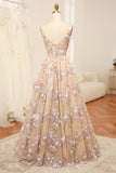 Champagne A Line Princess Square Neck Corset Prom Dress with Embroidered
