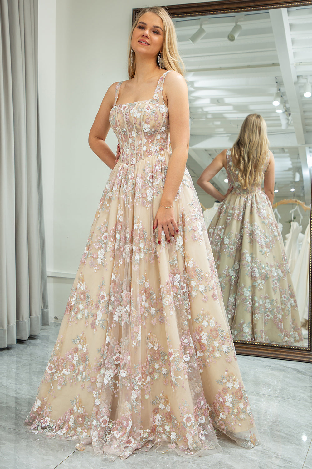 Wedtrend Women Champagne Prom Dress A Line Princess Square Neck Corset Party Dress with Embroidered WEDTREND Wedtrend Women Champagne Prom Dress A Line Princess Square Neck Corset Party Dress with Embroidered WEDTREND