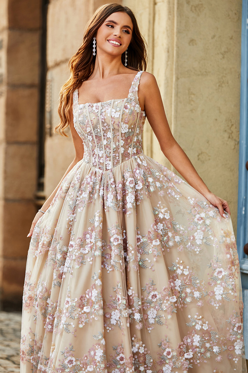 Champagne A-Line Princess Square Neck Corset Long Prom Dress with Embroidery