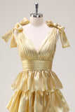 Princess Golden A-Line V-Neck Long Tiered Prom Dress With Slit
