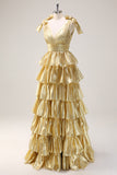 Princess Golden A-Line V-Neck Long Tiered Prom Dress With Slit