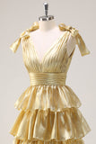 Princess Golden A-Line V-Neck Long Tiered Prom Dress With Slit