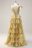 Princess Golden A-Line V-Neck Long Tiered Prom Dress With Slit