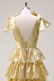 Princess Golden A-Line V-Neck Long Tiered Prom Dress With Slit