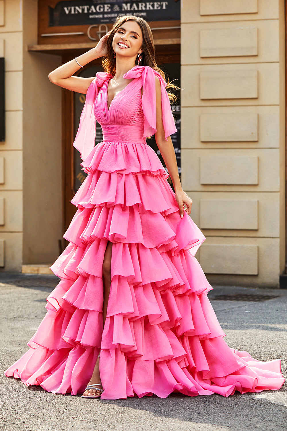 Fuchsia A-Line Deep V Neck Tiered Long Prom Dress With Slit