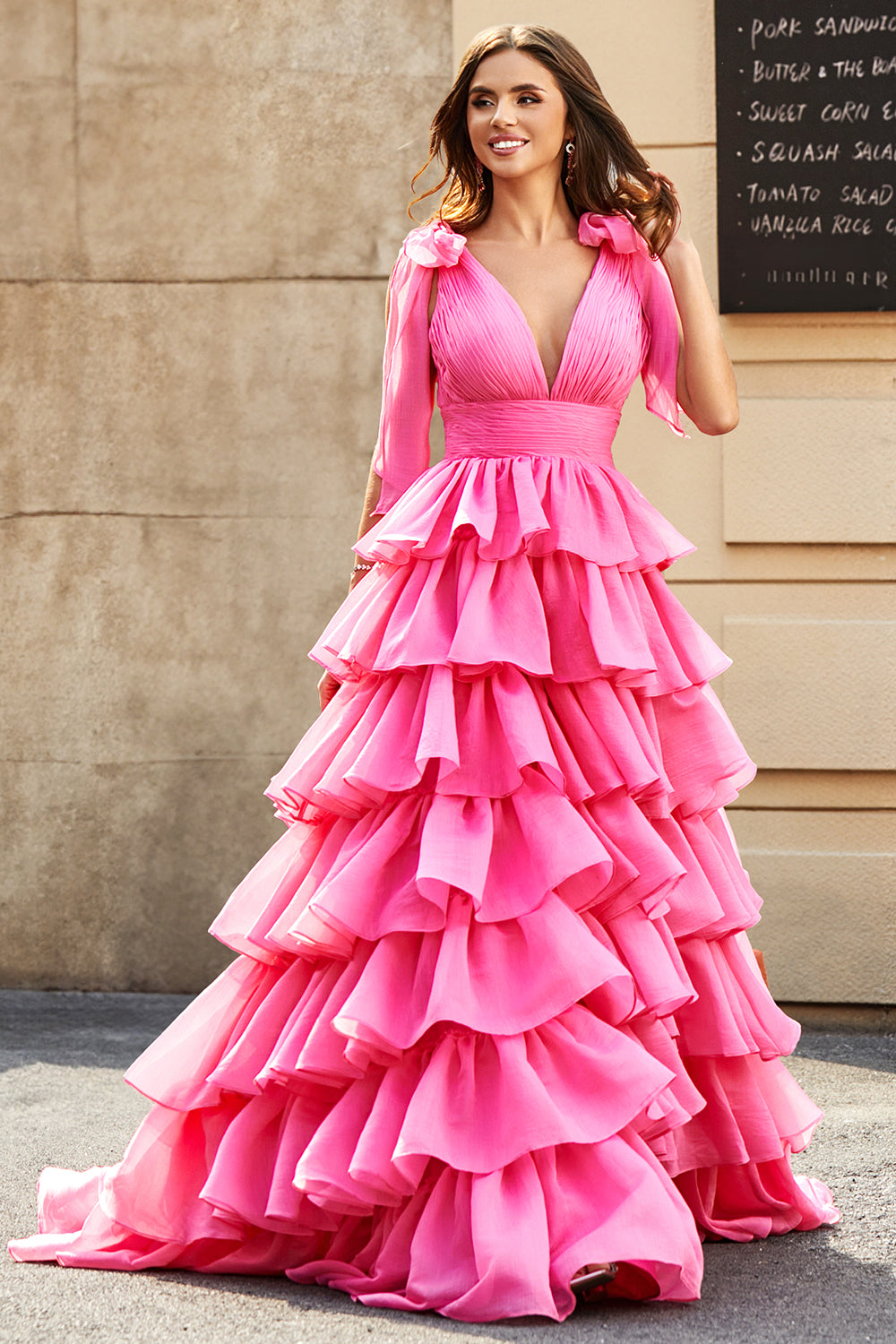 WEDTREND Women Fuchsia Prom Dress A-Line Deep V Neck Tiered Sweep Train Party Dress WEDTREND Women Fuchsia Prom Dress A-Line Deep V Neck Tiered Sweep Train Party Dress