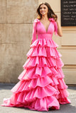 Princess Golden A-Line V-Neck Long Tiered Prom Dress With Slit
