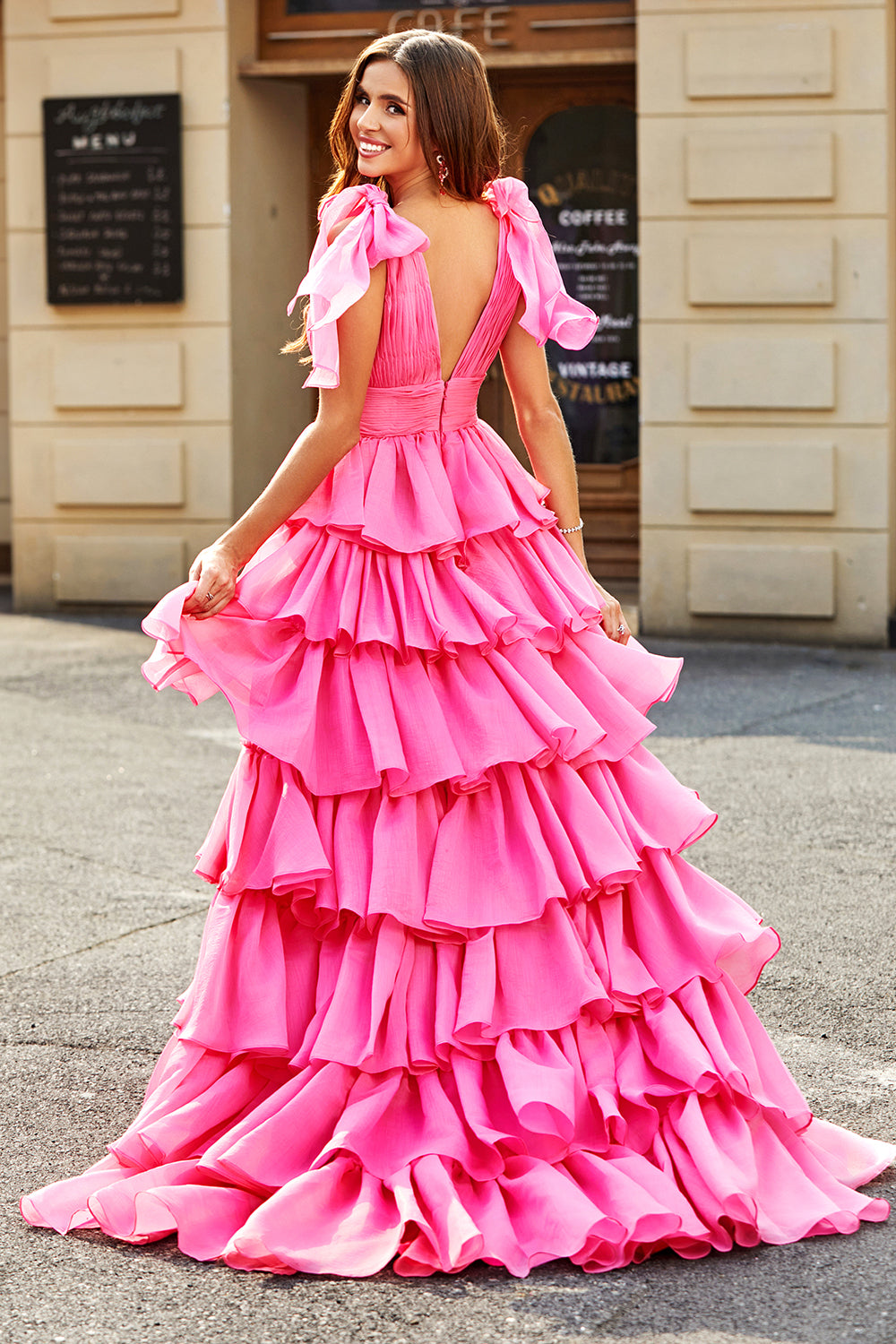Fuchsia A-Line Deep V Neck Tiered Long Prom Dress With Slit