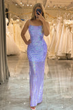 Light Purple Spaghetti Straps Sparkly Sequin Backless Prom Dress