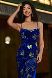 Royal Blue Mermaid Spaghetti Straps Sparkly Sequin Prom Dress With Slit