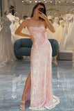 Pink Mermaid Spaghetti Straps Sparkly Long Prom Dress with Slit