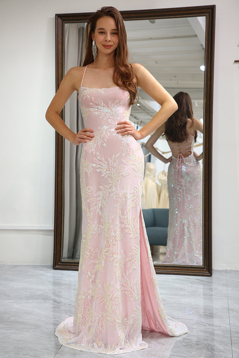 Sparkly Pink Mermaid Spaghetti Straps Long Prom Dress with Slit