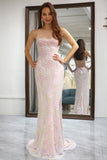 Sparkly Pink Mermaid Spaghetti Straps Long Prom Dress with Slit