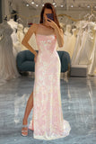 Sparkly Pink Mermaid Spaghetti Straps Long Prom Dress with Slit