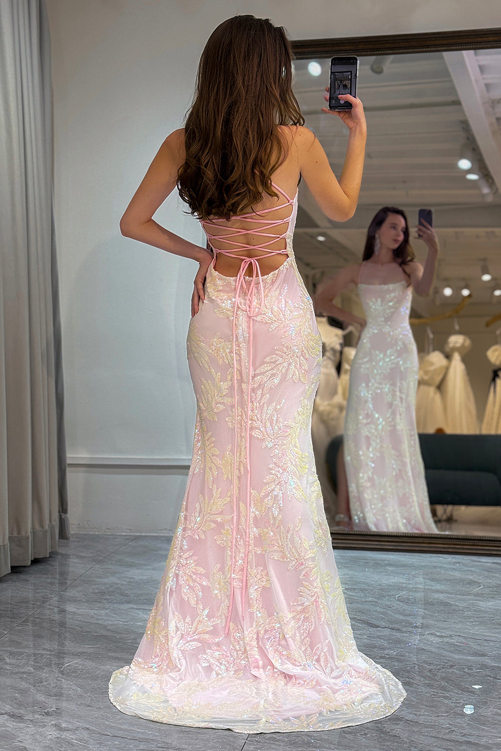 WEDTREND Women Sparkly Pink Prom Dress Mermaid Spaghetti Straps Long Party Dress with Slit WEDTREND Women Sparkly Pink Prom Dress Mermaid Spaghetti Straps Long Party Dress with Slit