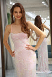 Sparkly Pink Mermaid Spaghetti Straps Long Prom Dress with Slit