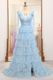 Blue A Line V Neck Pleated Tiered Tulle Long Prom Dress With Slit
