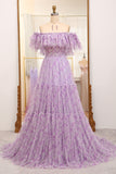 Light Purple A Line Off the Shoulder Pleated Long Tulle Prom Dress