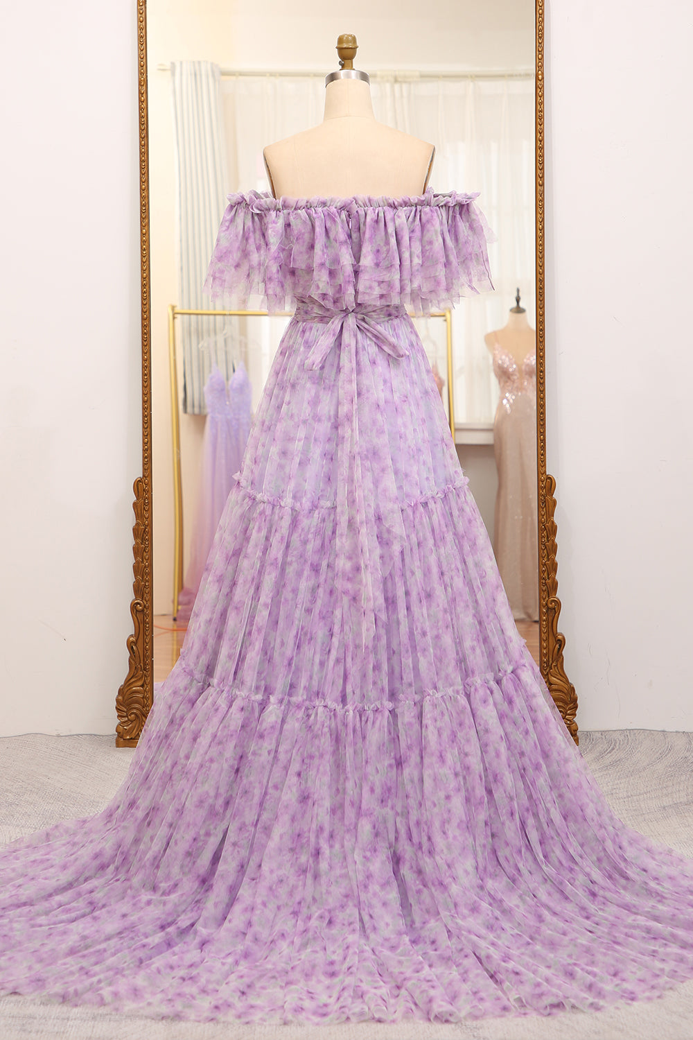 purple pleated prom dress Lavender Spaghetti Straps Sheath Satin Pleated Formal Prom Dresses With Ruffles, Lavender / 2