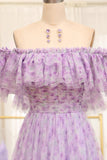 Light Purple A Line Off the Shoulder Pleated Long Tulle Prom Dress