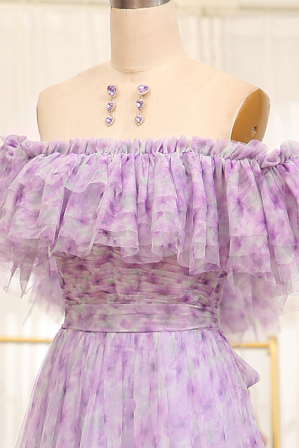 Light Purple A Line Off the Shoulder Pleated Long Tulle Prom Dress