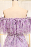 Light Purple A Line Off the Shoulder Pleated Long Tulle Prom Dress