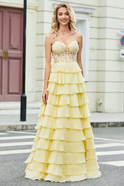 Gorgeous A Line Sweetheart Corset Yellow Prom Dress with Appliques Ruffles