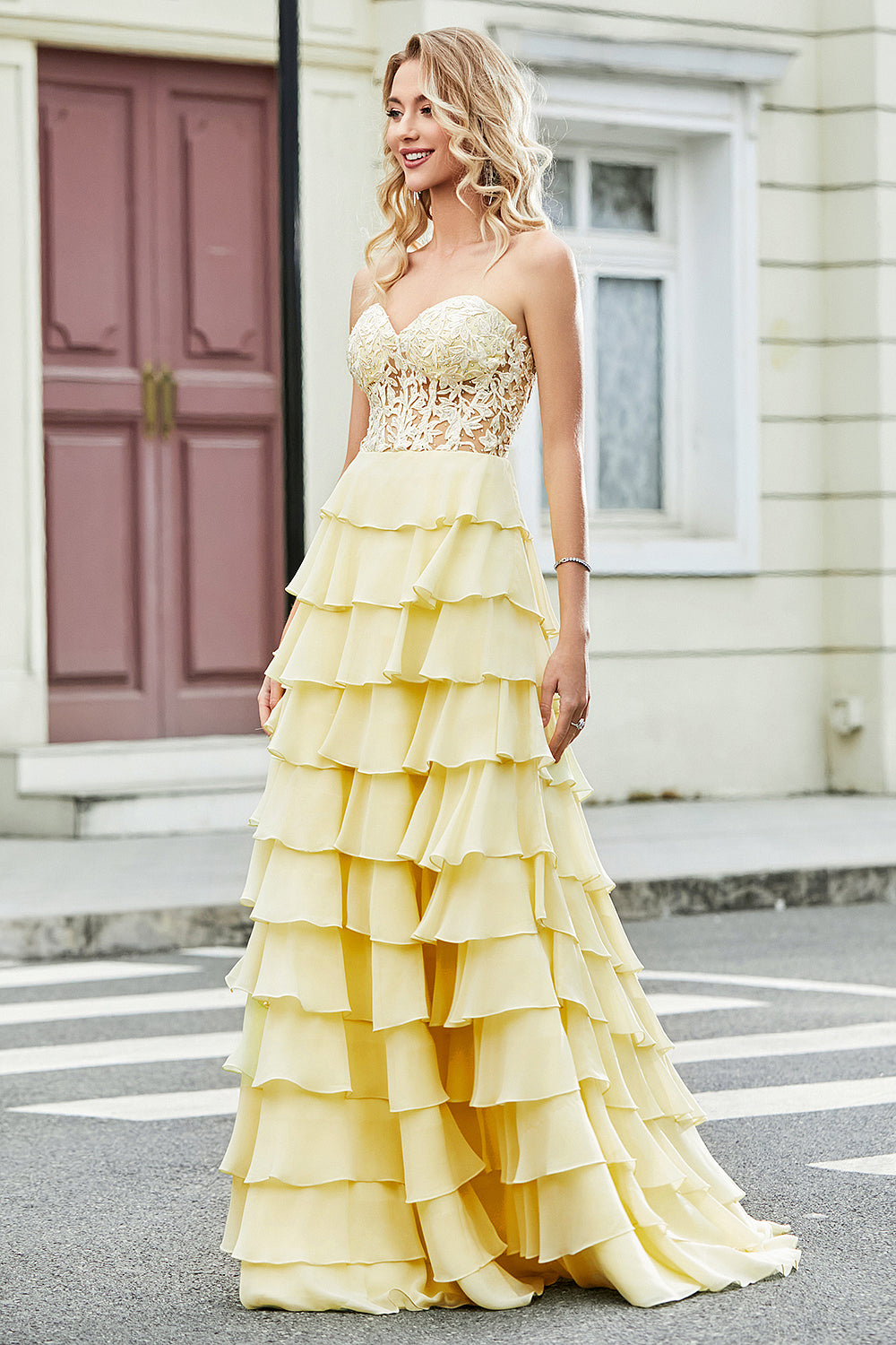 Wedtrend Women Yellow Prom Dress A Line Sweetheart Corset Evening Party Dress with Appliques Ruffles, Yellow / US26W
