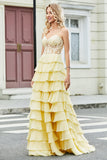 Gorgeous A Line Sweetheart Corset Yellow Prom Dress with Appliques Ruffles