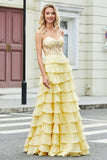 Gorgeous A Line Sweetheart Corset Yellow Prom Dress with Appliques Ruffles