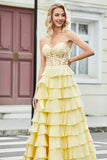 Gorgeous A Line Sweetheart Corset Yellow Prom Dress with Appliques Ruffles