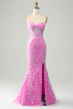 Fuchsia Mermaid Sweetheart Corset Long Prom Dress With Slit